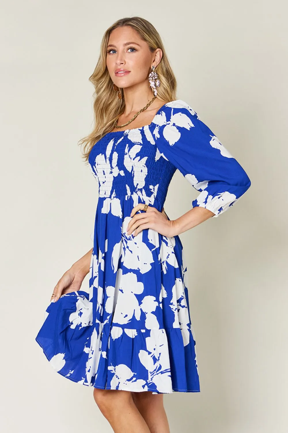 Full Size Floral Ruffle Hem Smocked Dress with Pockets, image 11