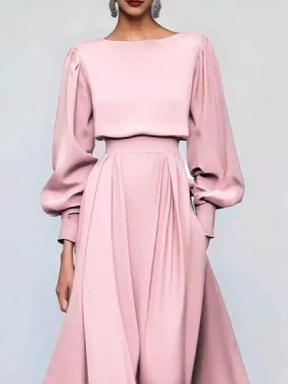 Pleated Lantern Sleeve Midi Dress, image 2