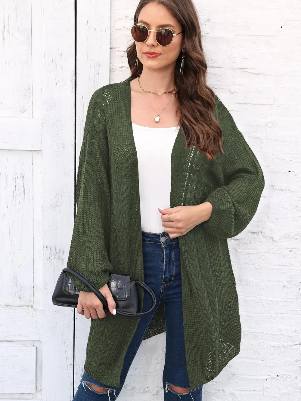 Cable-Knit Open Front Long Sleeve Cardigan, image 14