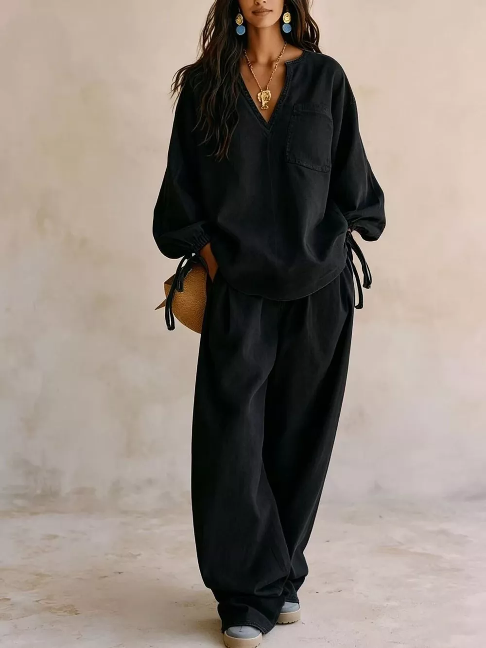 Relaxed Fit Drawstring Sleeve Detail Top and Pants Denim Set, image 13