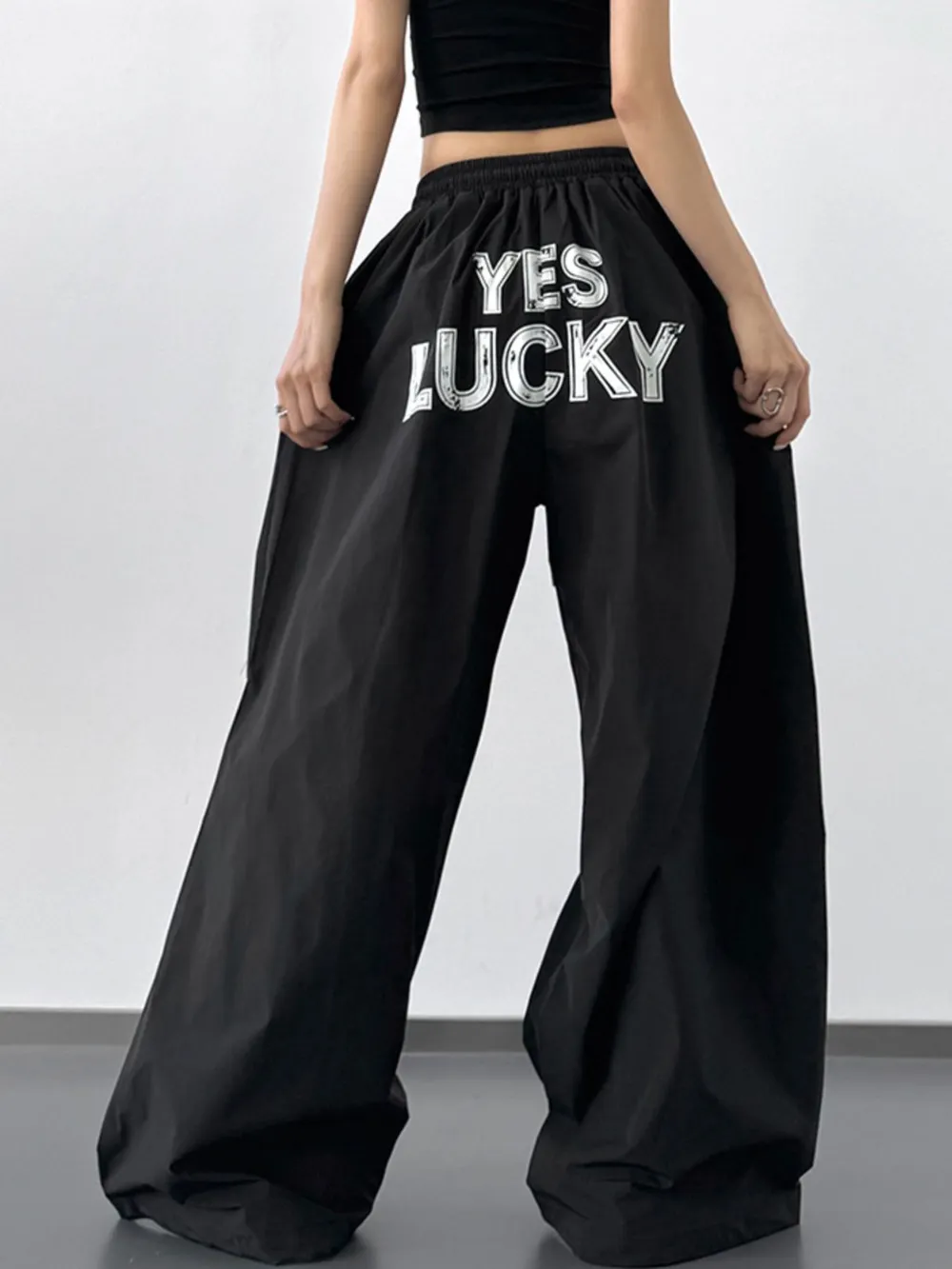Letter Back Wide Leg Drawstring Pants, image 4