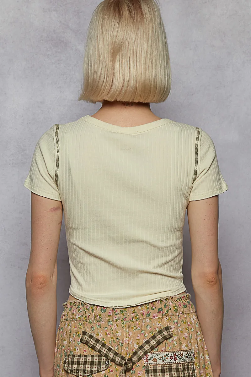 Contrast Stitching Round Neck Crop T-Shirt, image 3