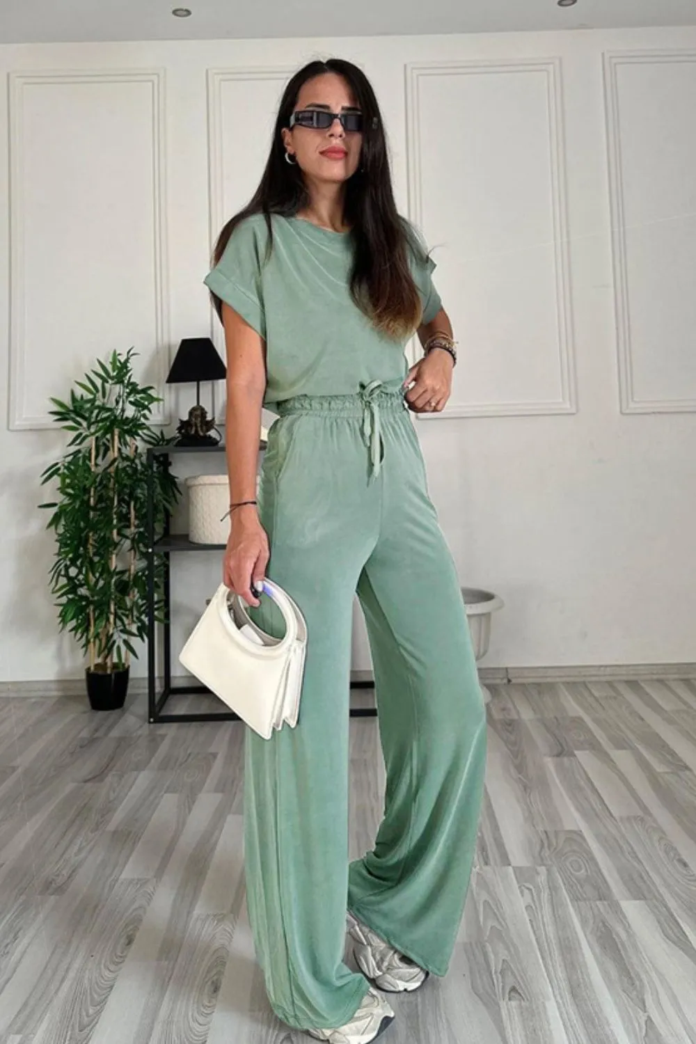 Round Neck Short Sleeve Top and Drawstring Pants Set, image 10
