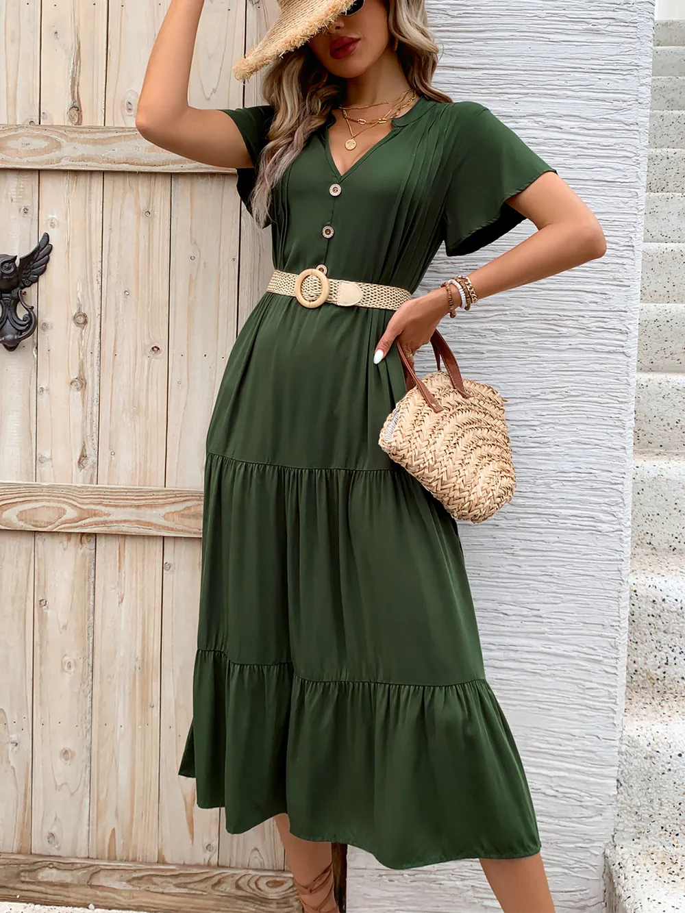 Tiered Notched Short Sleeve Midi Dress, image 4