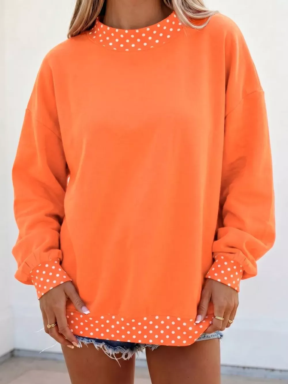 Polka Dot Trim Contrast Crew Neck Sweatshirt, image 11