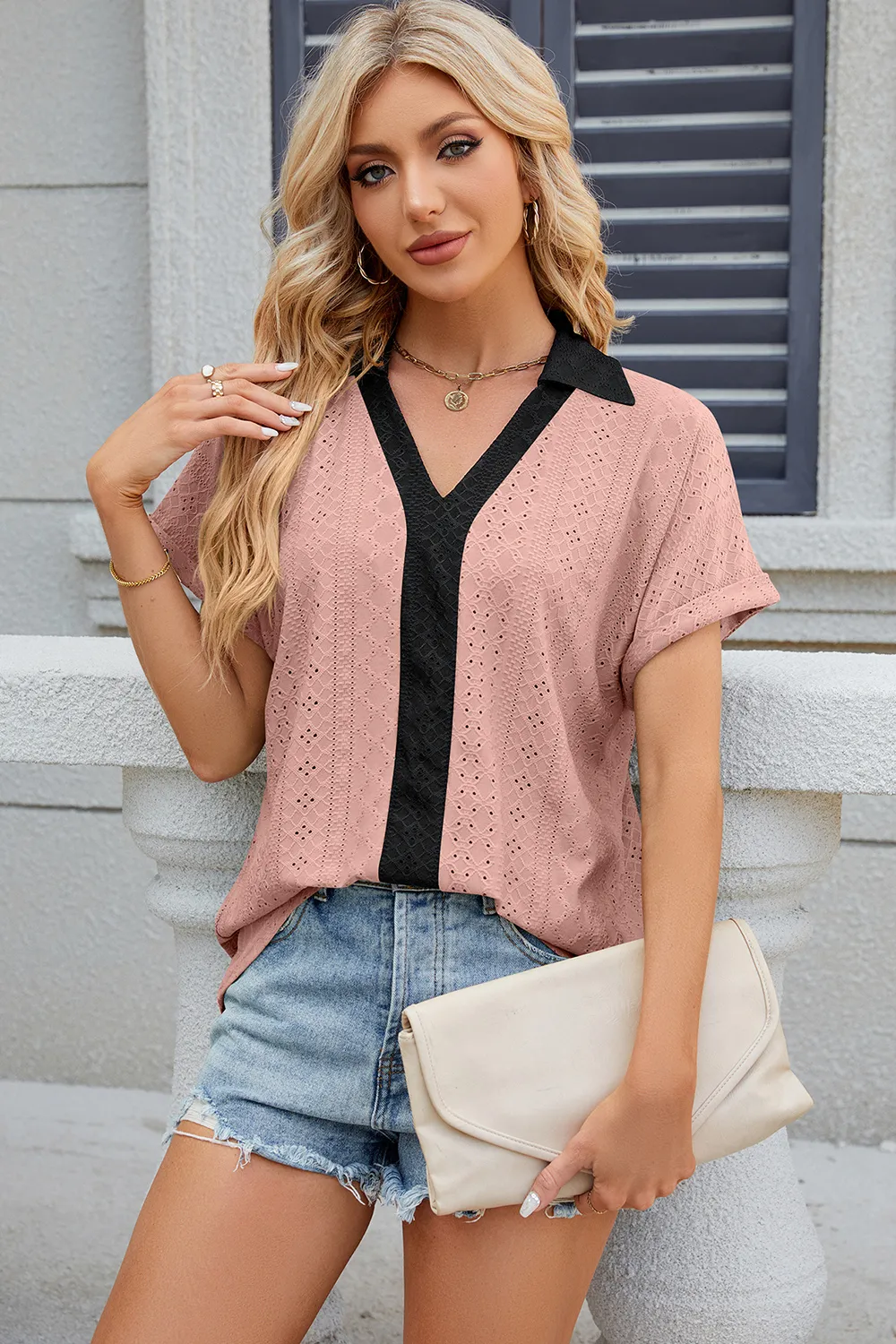 Eyelet Johnny Collar Short Sleeve T-Shirt, image 27