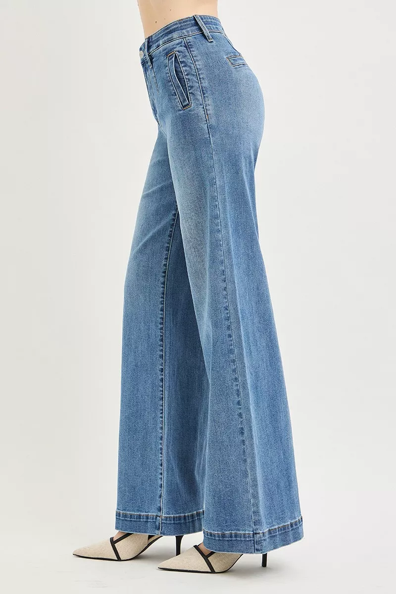Tummy Control Elastic Band High Rise Wide Jeans, image 4