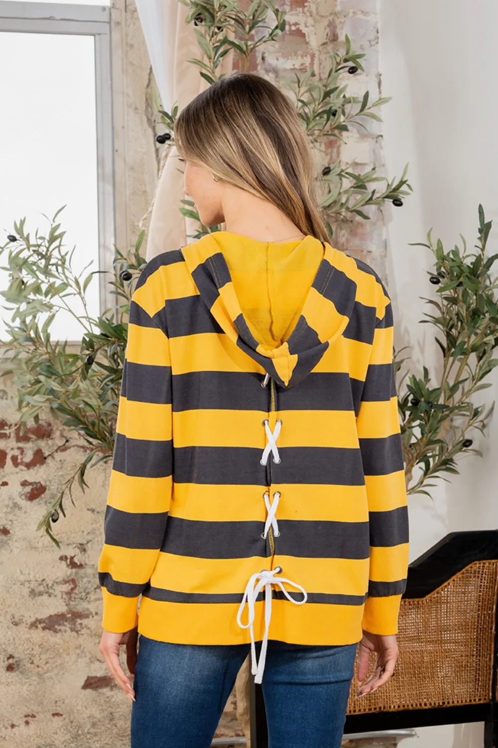 Full Size Drawstring Striped Long Sleeve Hoodie, image 2