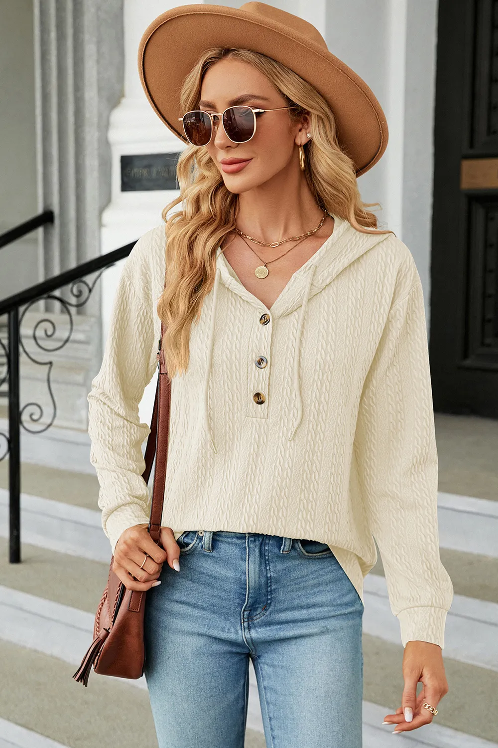 Drawstring Half Button Long Sleeve Hoodie, image 30