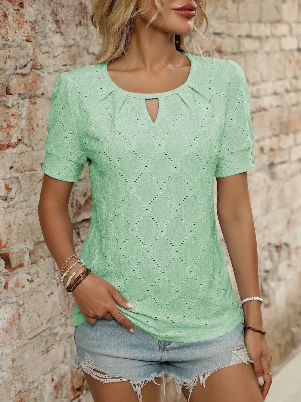 Eyelet Round Neck Short Sleeve Top, image 15