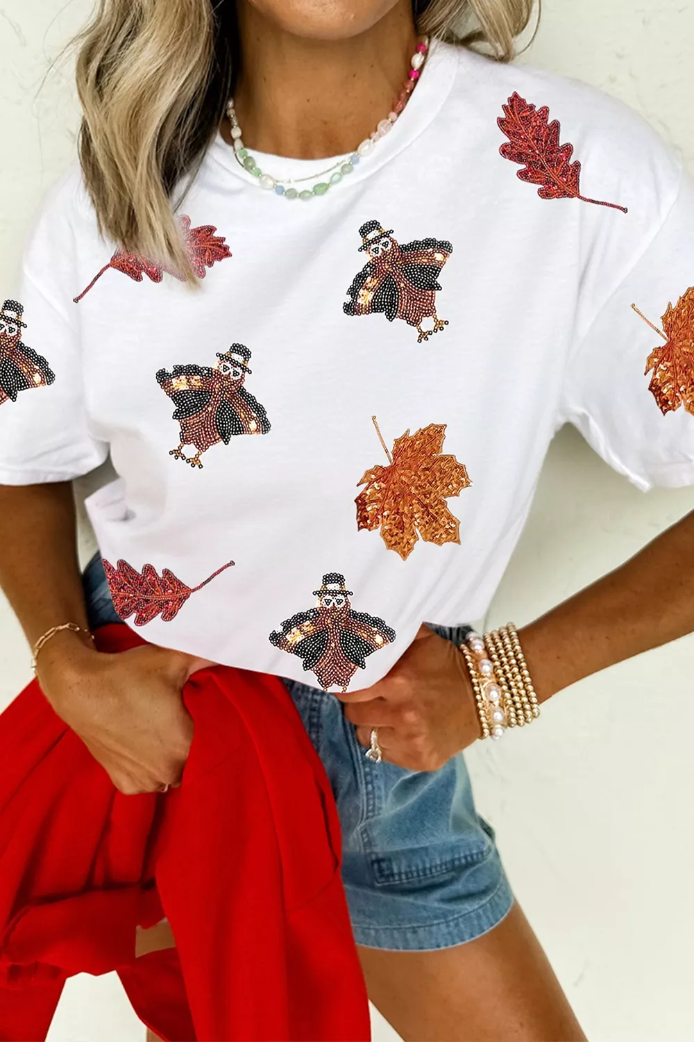 Full Size Sequin Autumn Leaf Thanksgiving Turkey T Shirt Plus Size, image 3