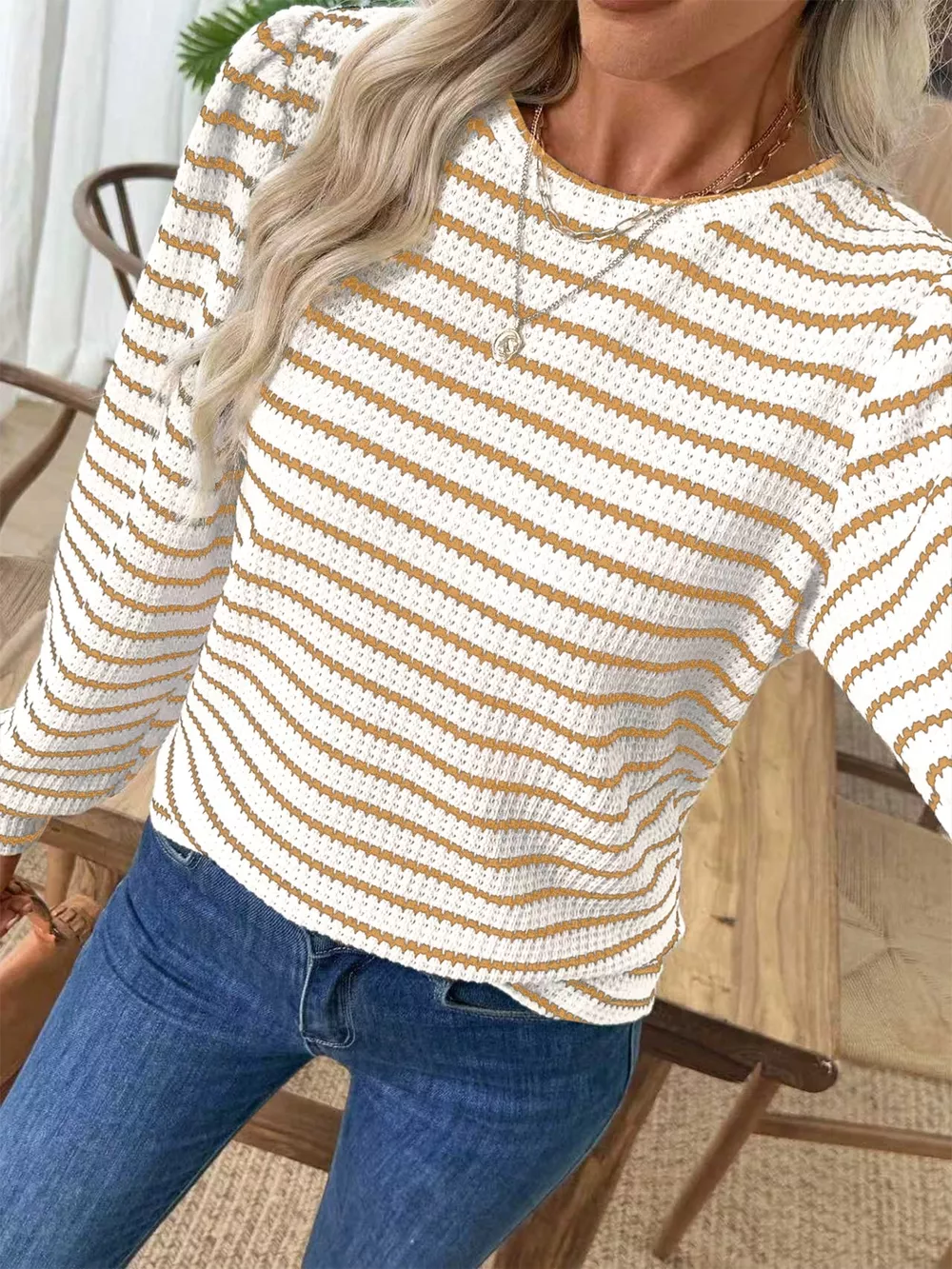 Striped Long Sleeve Texture Knit T-Shirt, image 4