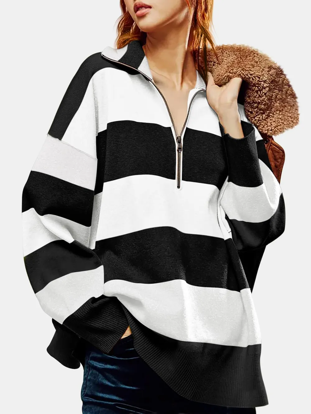 Color Block Half Zip Long Sleeve Sweater, image 6