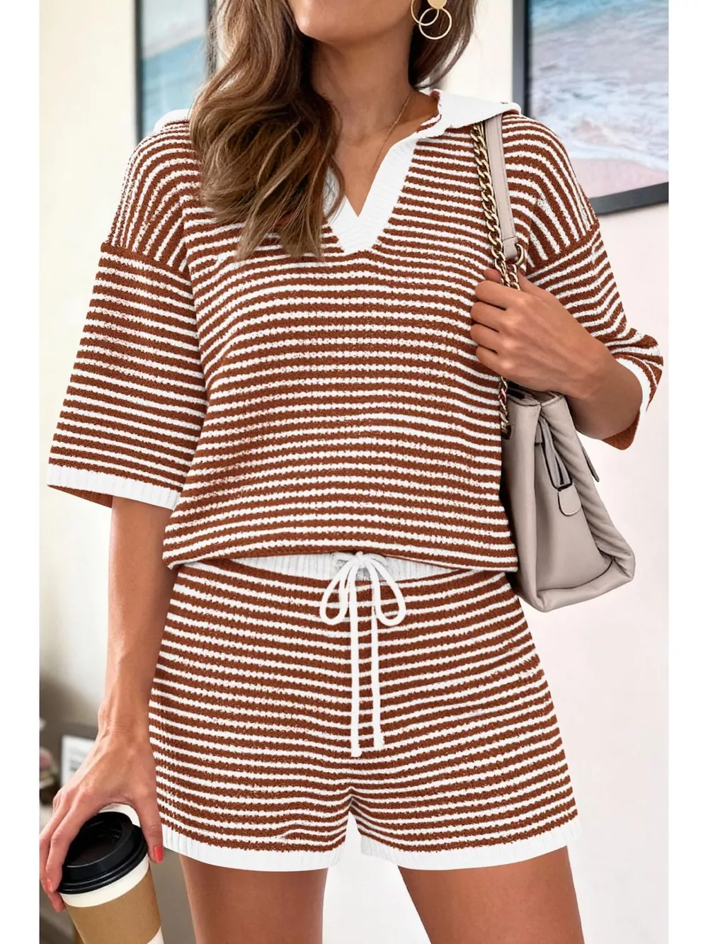 Striped Knit Polo Shirt & Shorts Set, image 12