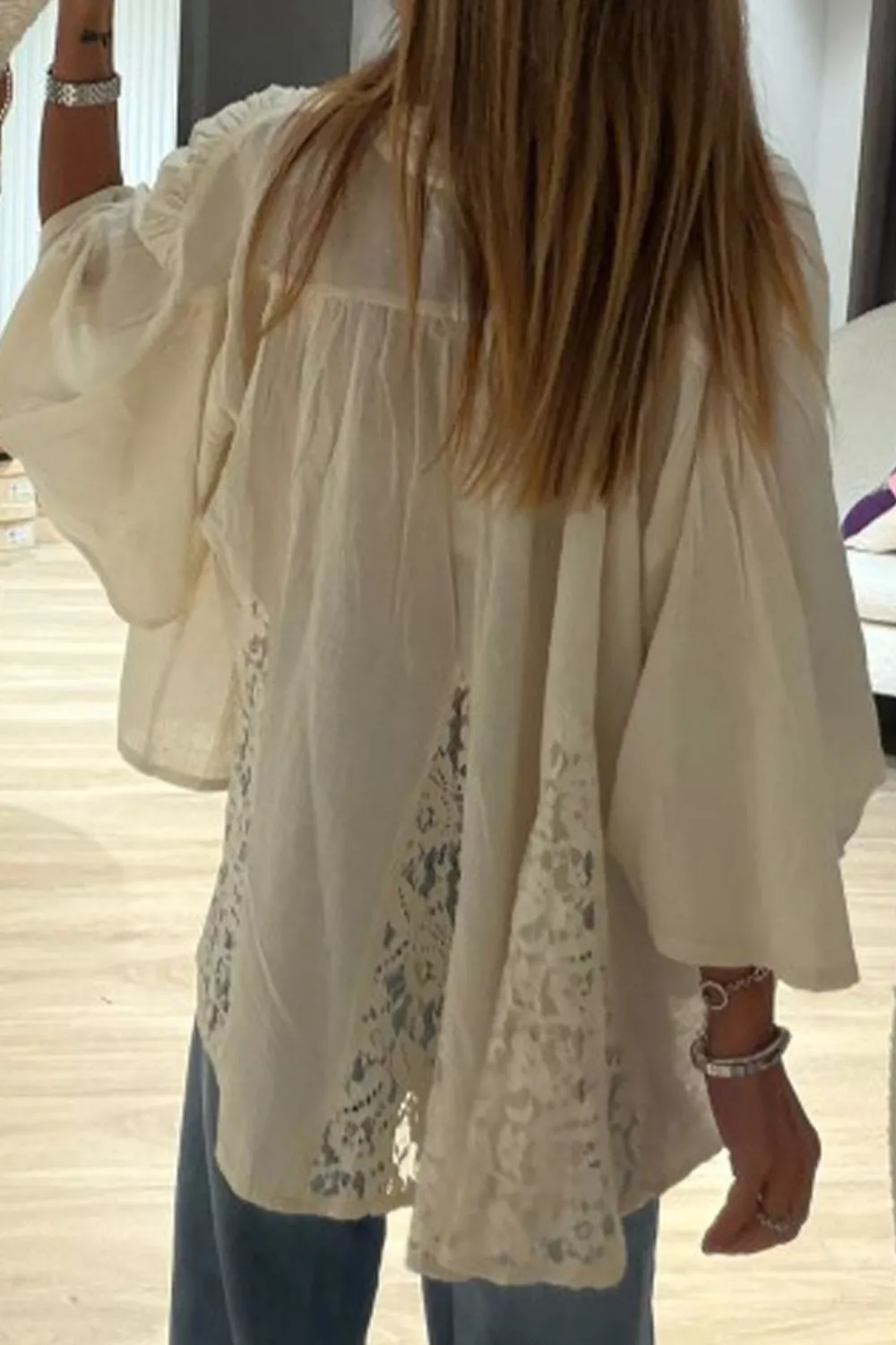 Sheer Lace Splicing Detail Bracelet Sleeve Loose Flowy Shirt, image 3