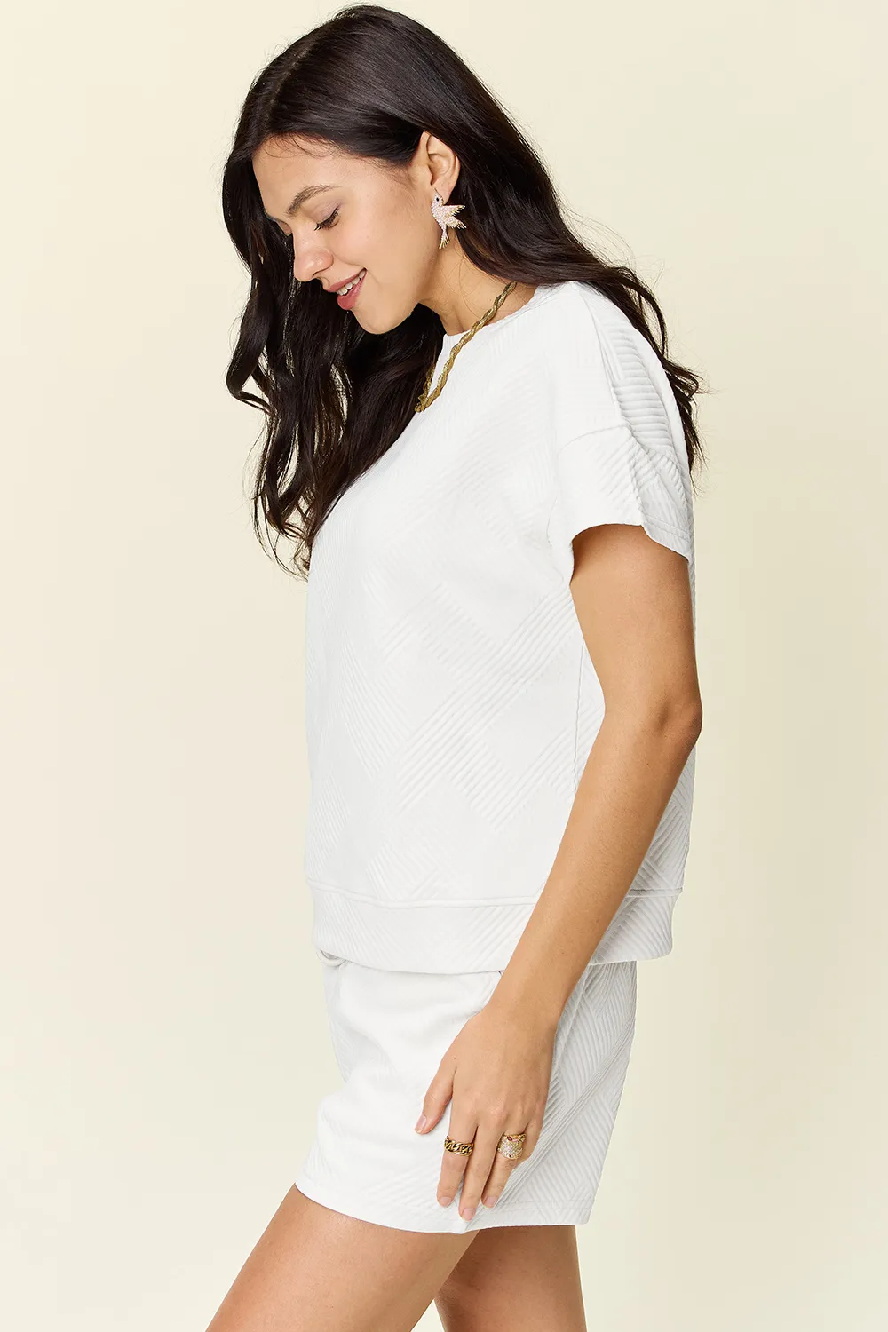 Full Size Texture Short Sleeve T-Shirt and Drawstring Shorts Set, image 21