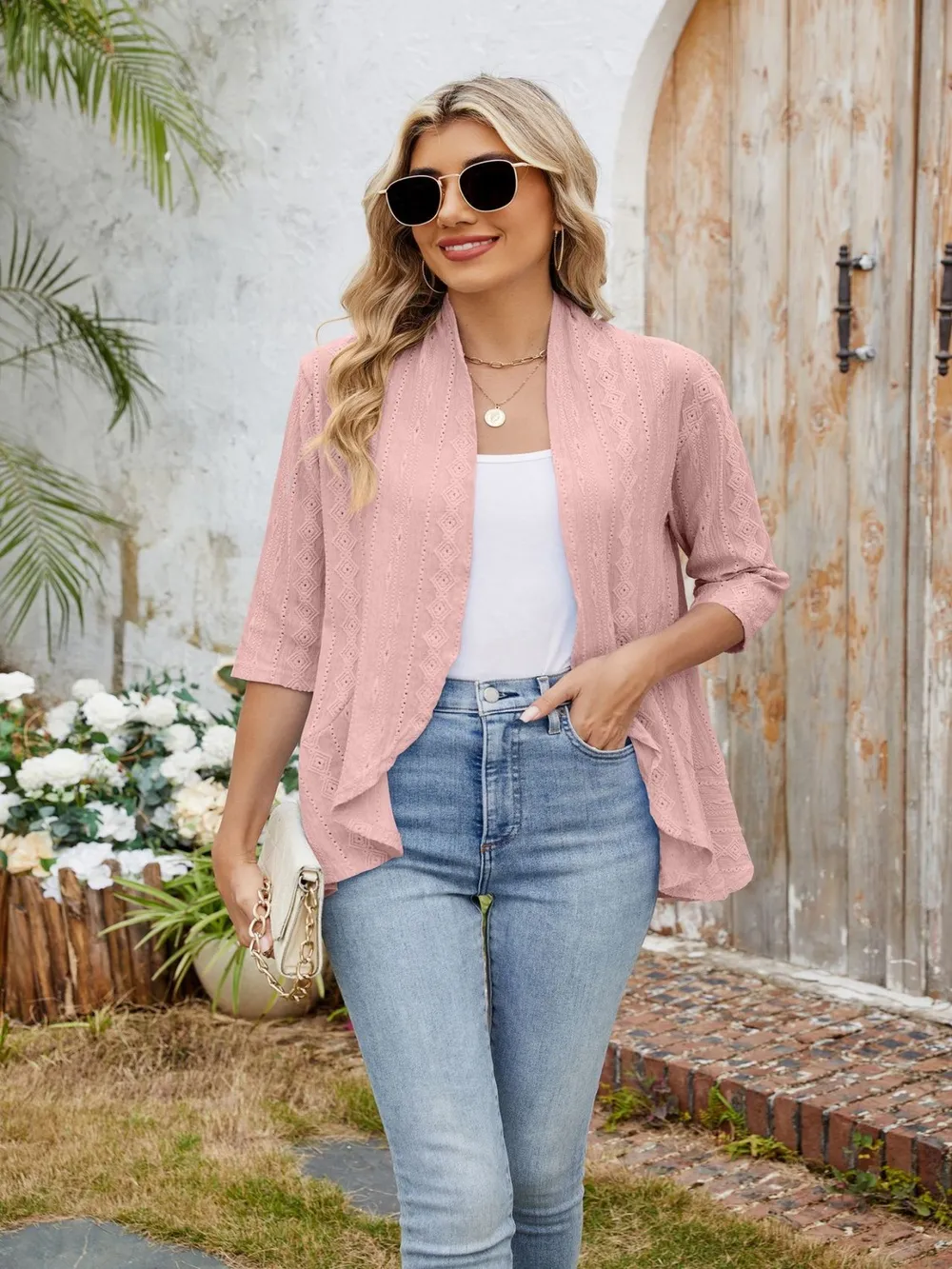 Eyelet Open Front Three-Quarter Sleeve Top, image 10