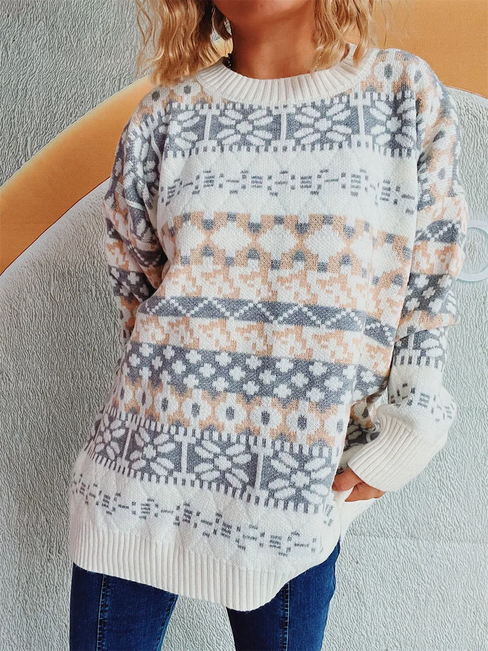 Geometric Round Neck Dropped Shoulder Sweater, image 2