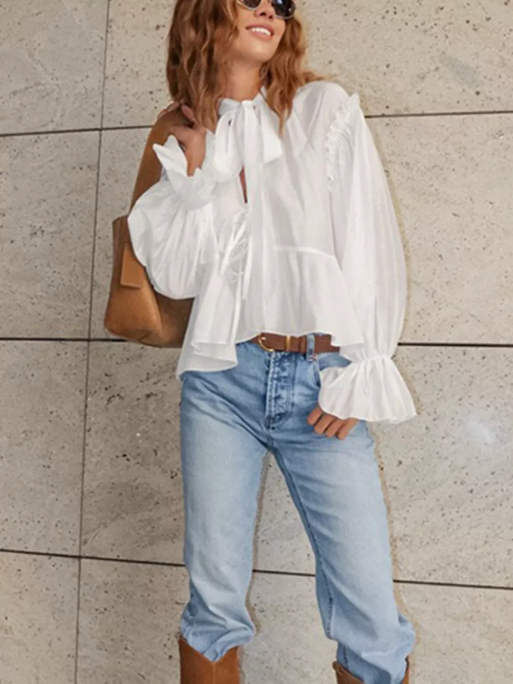 Ruffle Trim Tie Neck Blouse, image 3