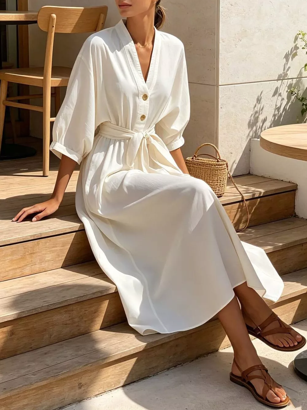 Full Size Tie Waist V-Neck Midi Dress Plus Size, image 4