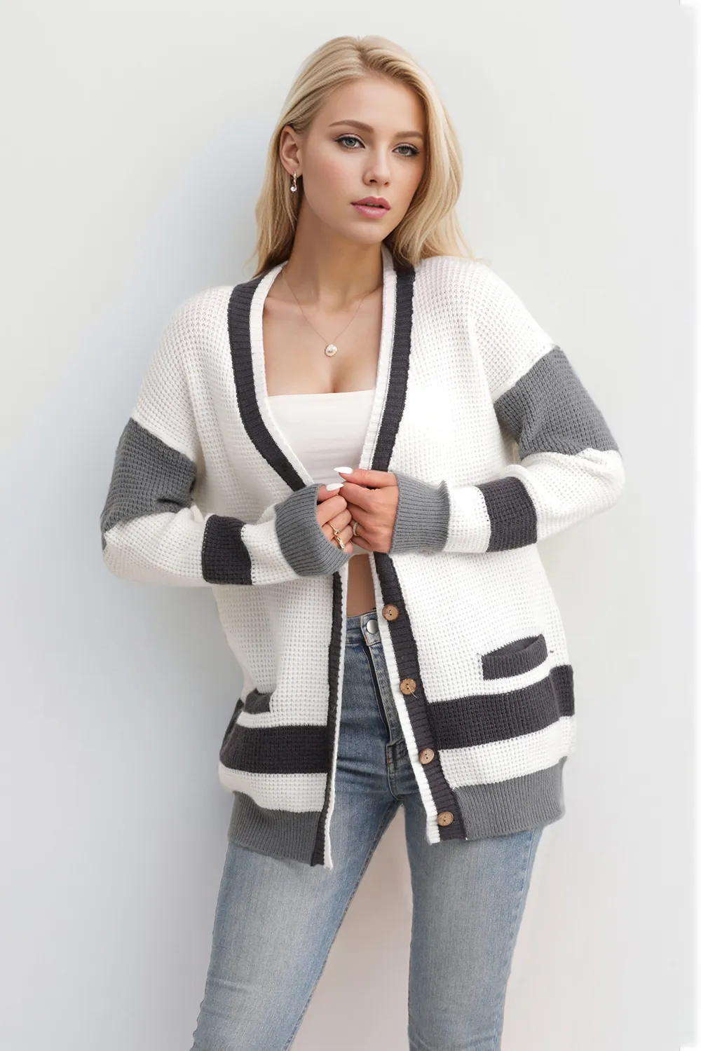 Pocketed Contrast V-Neck Long Sleeve Cardigan, image 2