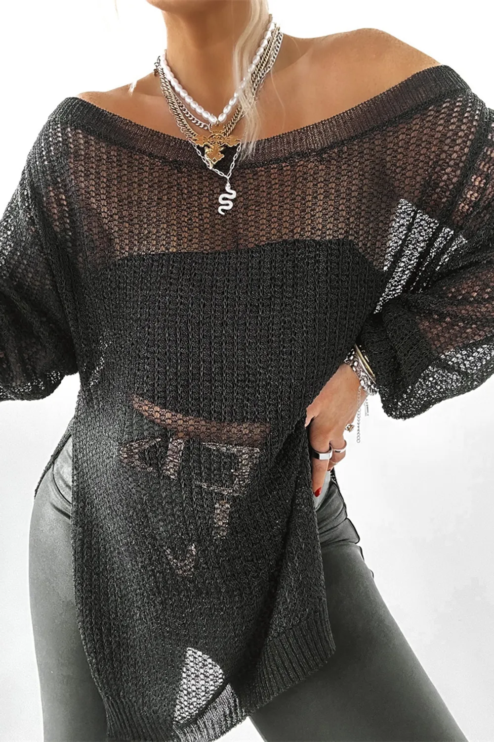 Side Slit Long Sleeve Knit Cover Up, image 9