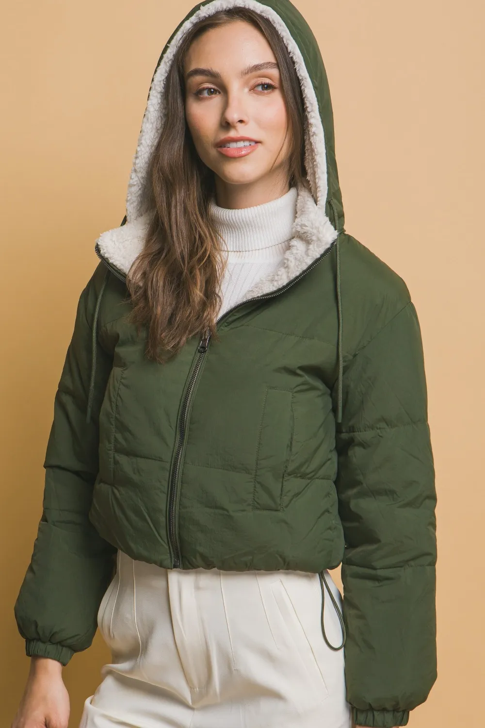 Zip Up Cropped Hooded Sherpa Reversible Jacket, image 4