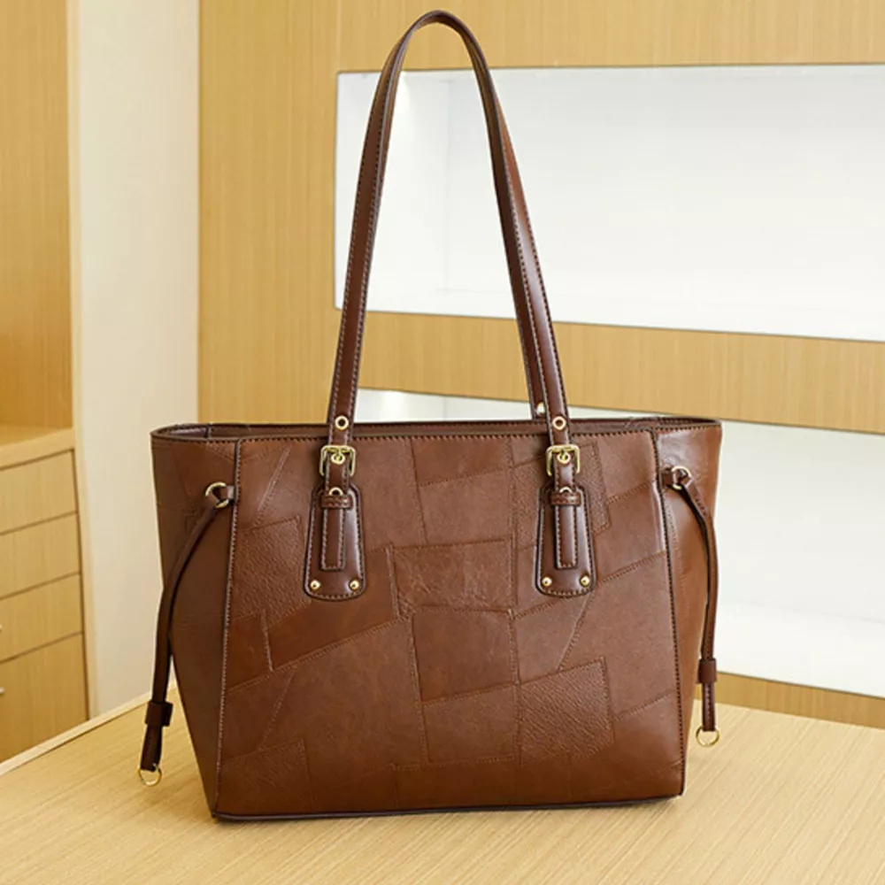 Patchwork Leather Tote Bag with Gold Logo Charm, image 3