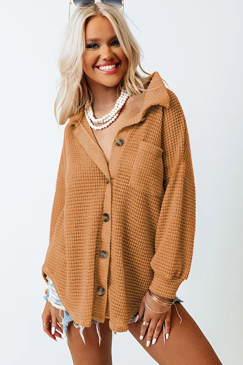 Waffle-Knit Collared Neck Long Sleeve Shirt, image 23