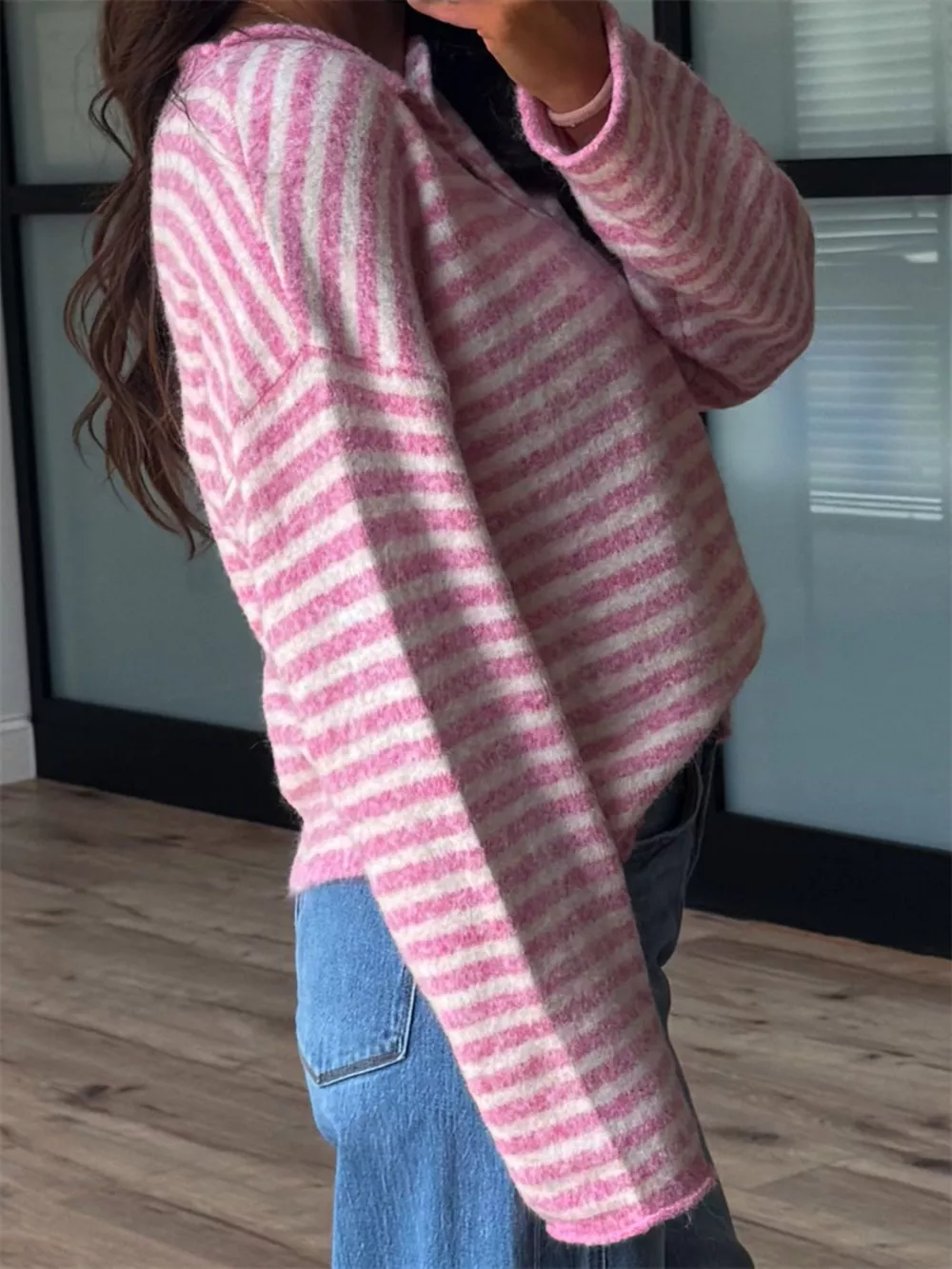 Button Detail Dropped Shoulder Striped Sweater, image 6