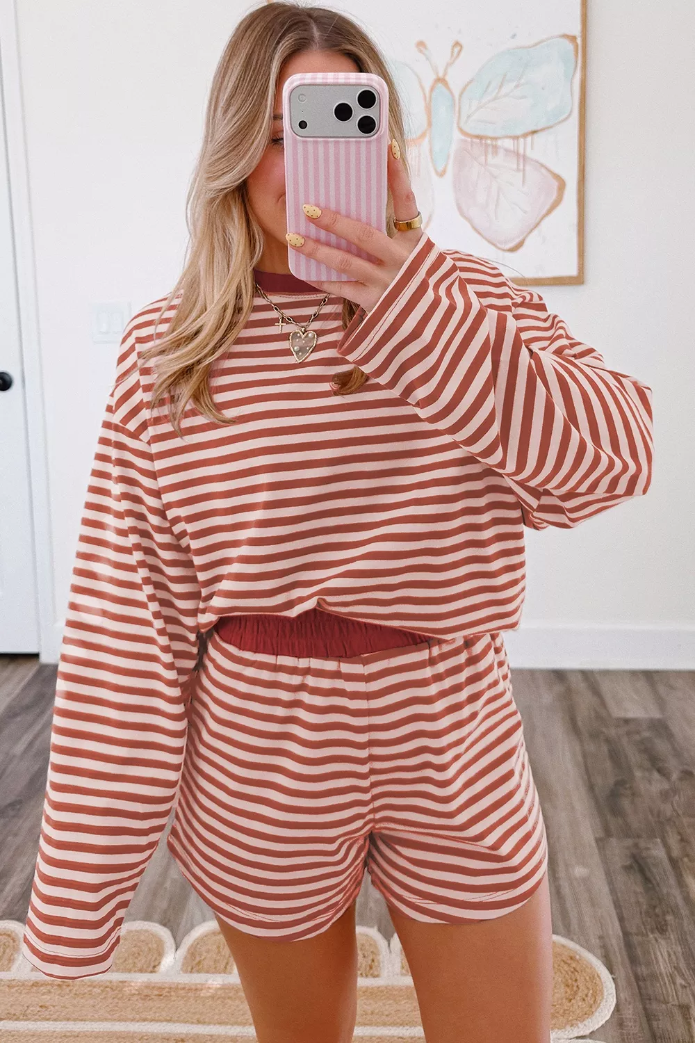 Stripe Relaxed Long Sleeve Top Contrast Elastic Waistband Short Set, image 5