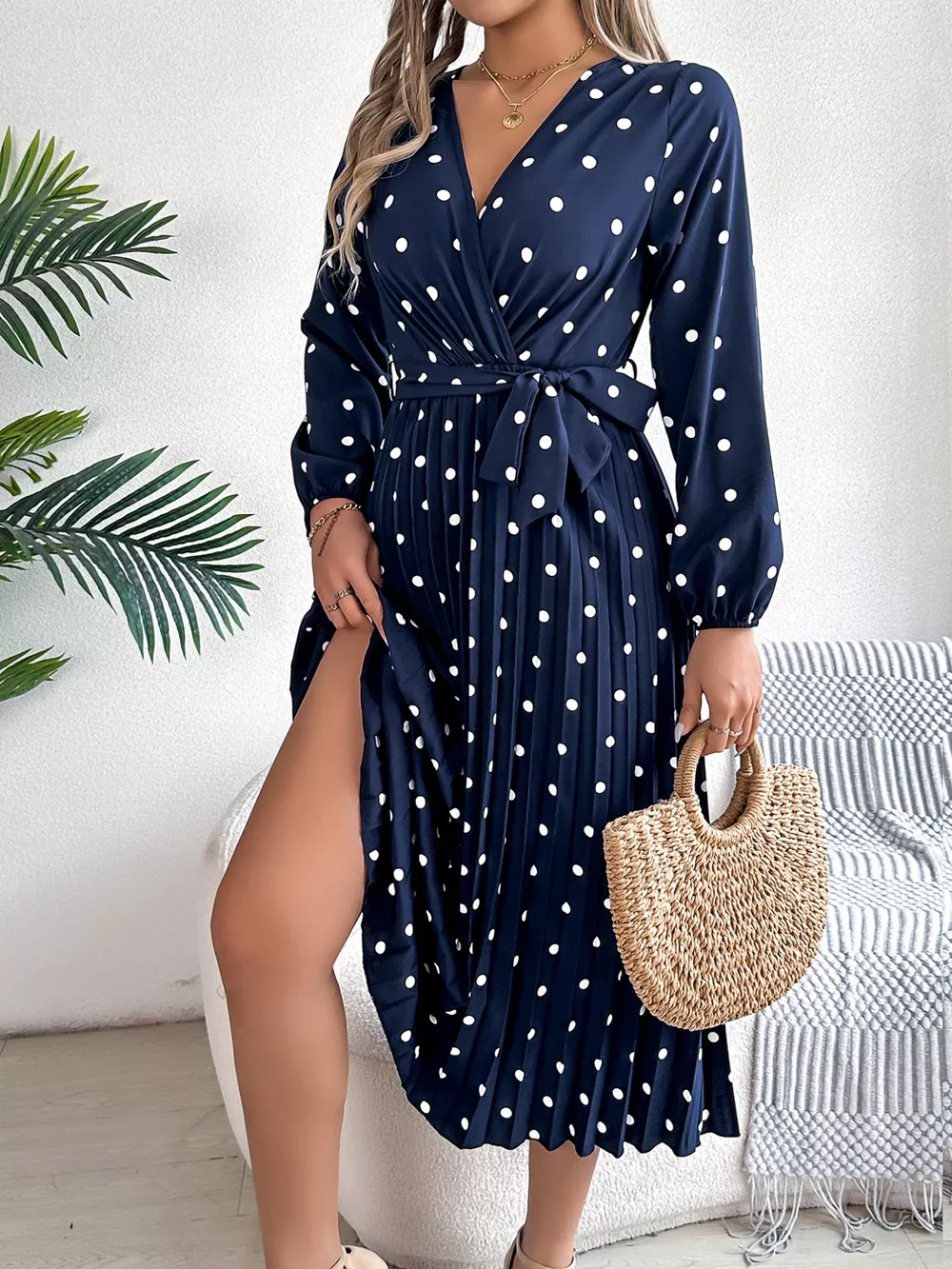 Front Tie Polka Dot Midi Pleated Dress, image 16