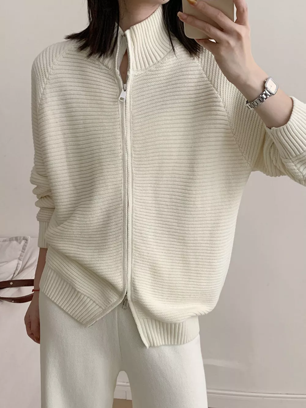 Casual Knit Zip-Up Cardigan and Wide-Leg Pants Set, image 3
