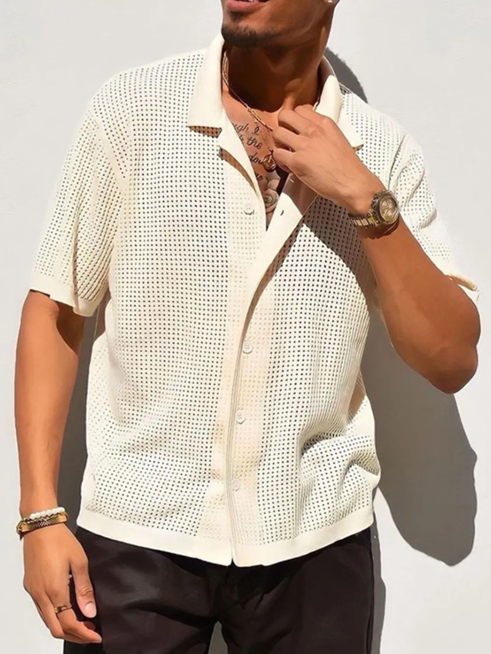 Men's Full Size Openwork Button Down Collared Neck Shirt Plus Size