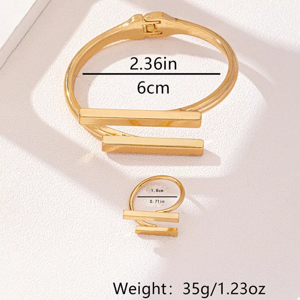 Adjustable 18K Gold-Plated Modern Bar Bracelet and Ring Jewelry Set, image 4