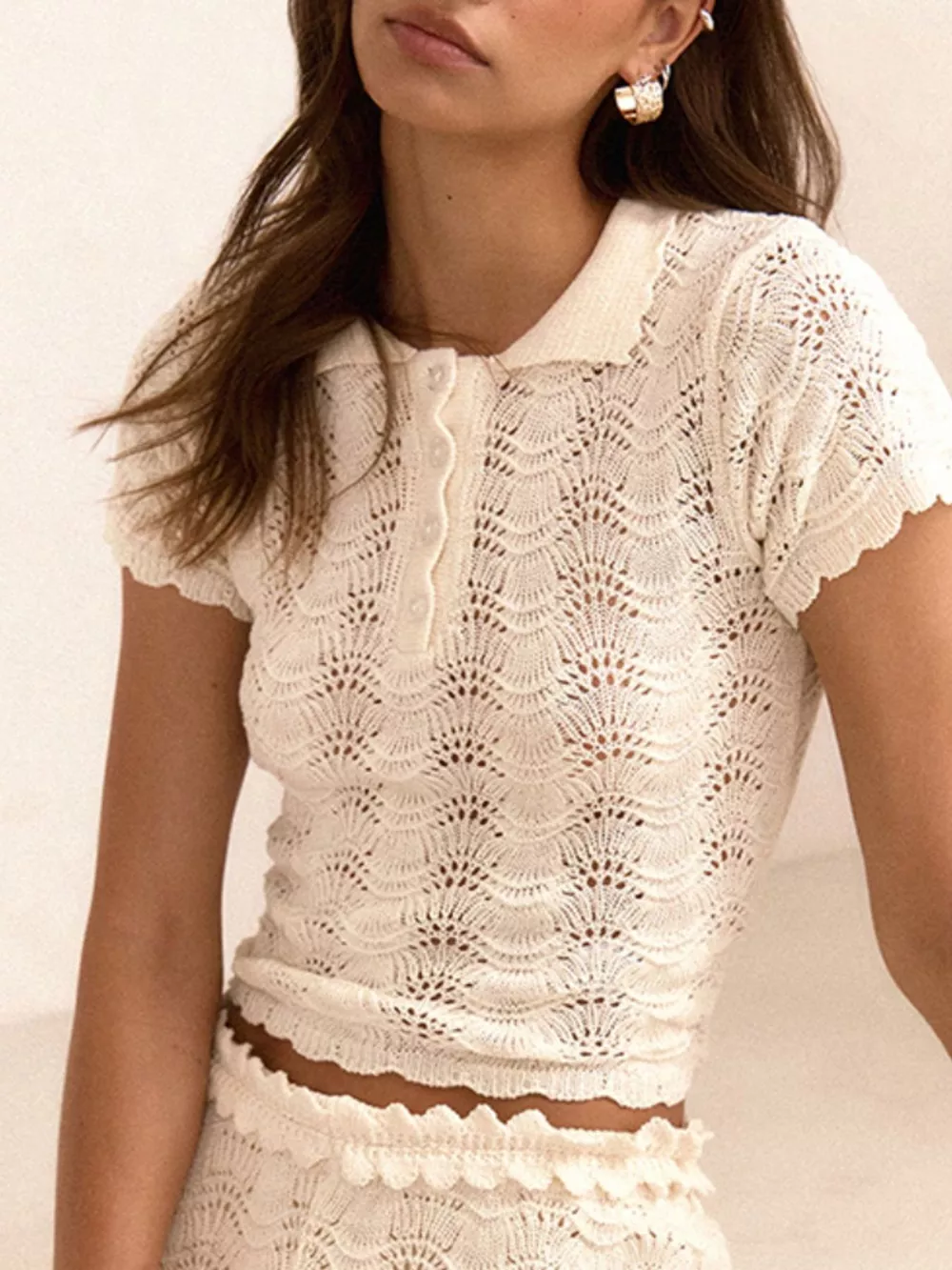 Openwork Crochet Knit Polo Top and Shorts Set, image 2