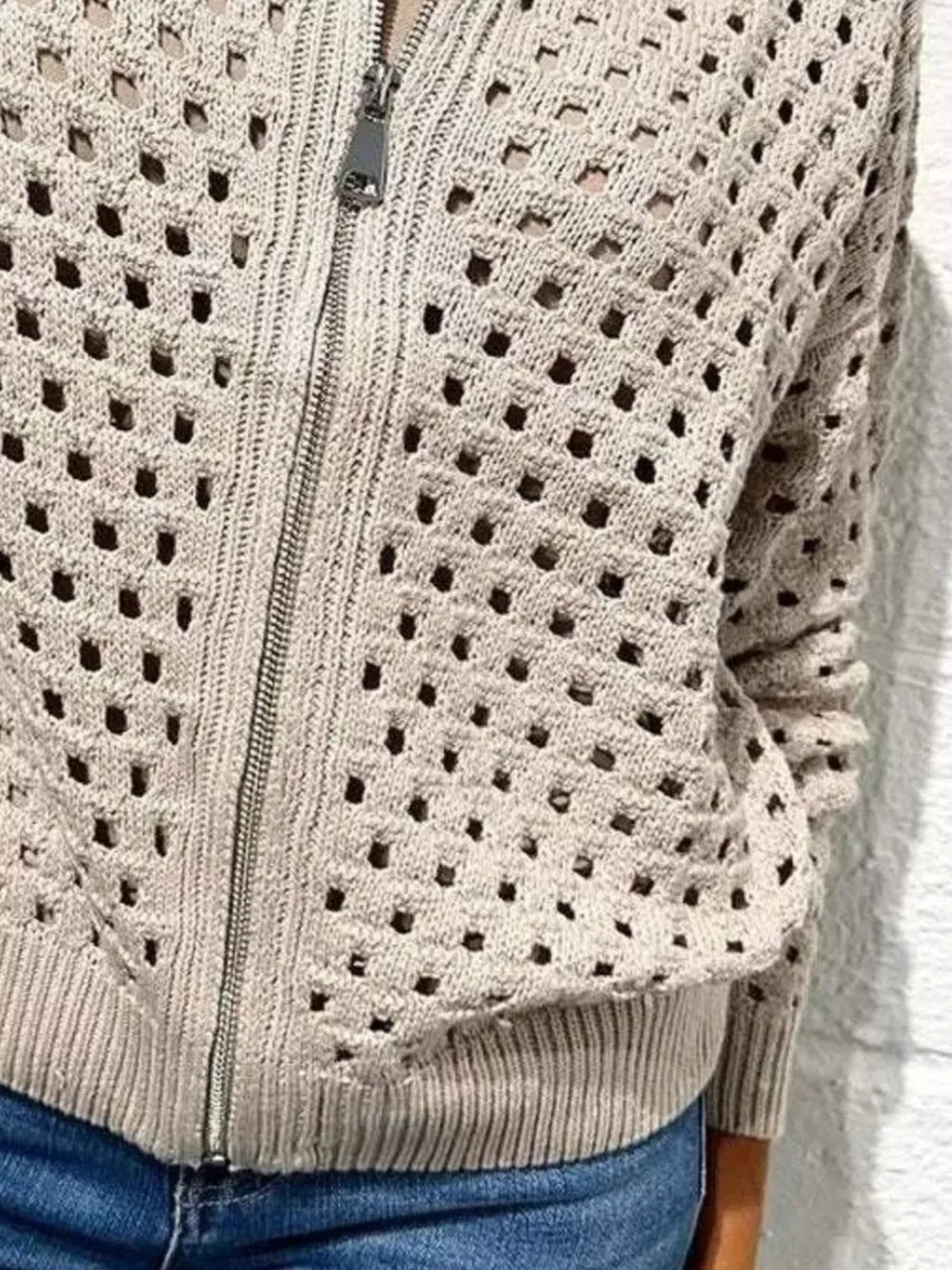Full Size Zip Up Long Sleeve Cardigan with Eyelet Detail Plus Size, image 10