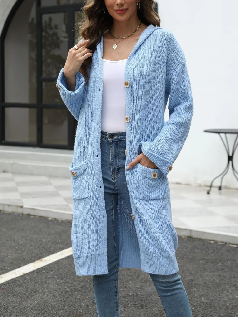 Pocketed Button Up Long Sleeve Hooded Cardigan, image 15