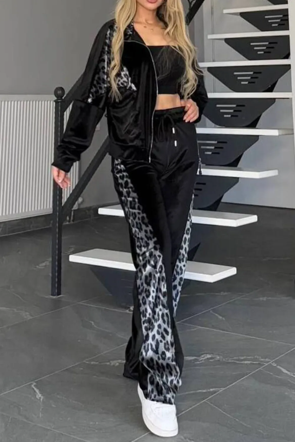Full Size Collared Neck Leopard Zip Up Top and Pants Set Plus Size, image 8