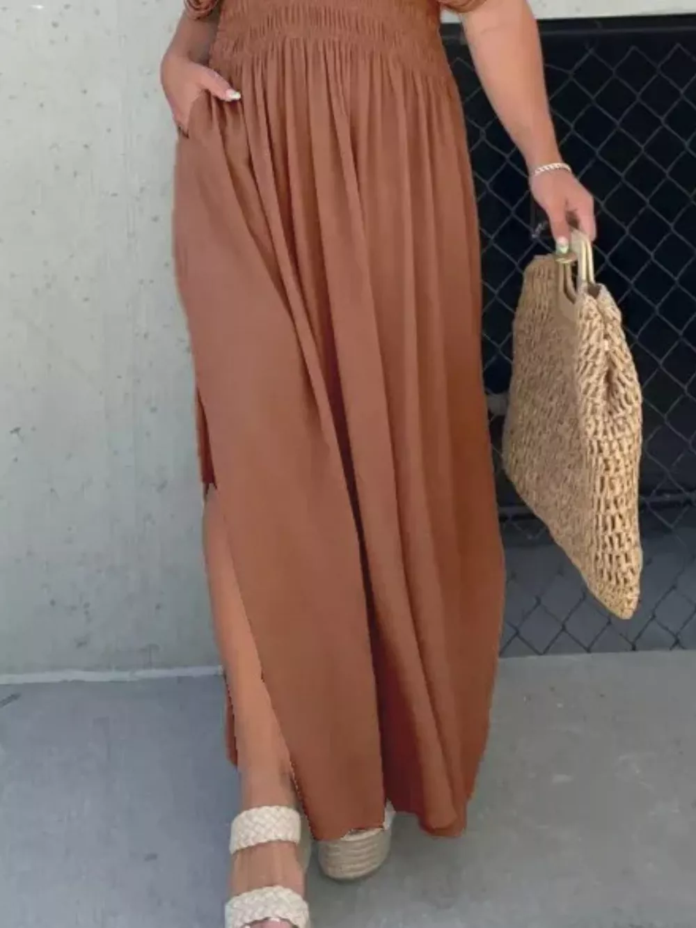 Full Size Slit V-Neck Smocked Waist Maxi Dress Plus Size, image 29