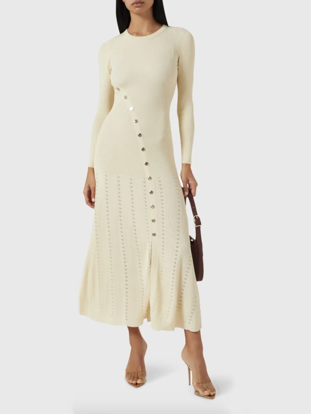 Openwork Round Neck Long Sleeve Sweater Dress, image 4