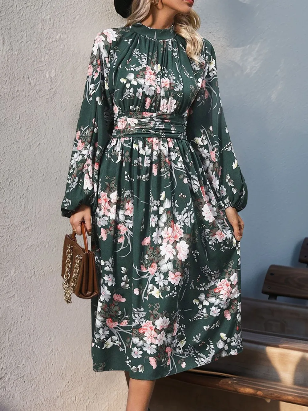 Ruched Printed Mock Neck Long Sleeve Midi Dress, image 2