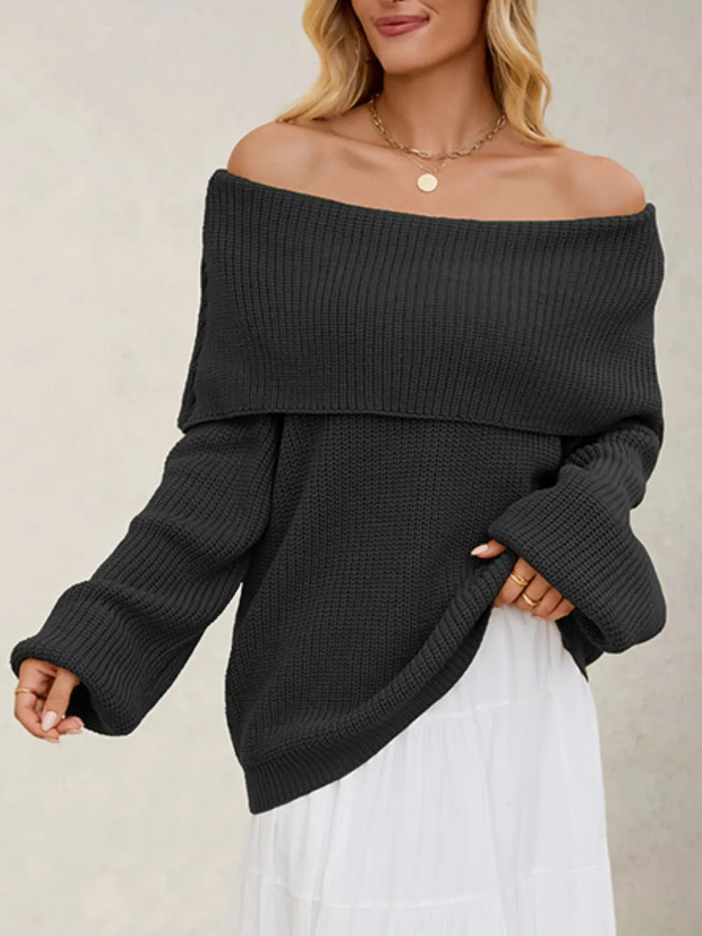 Fold-Over Collar Long Sleeve Sweater, image 15
