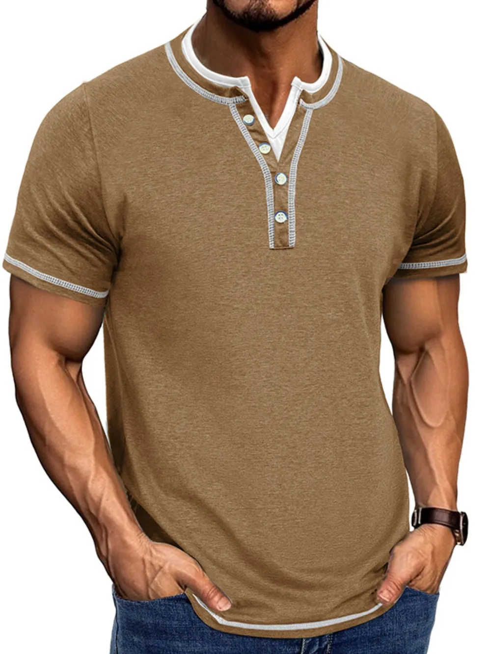 Men's Casual Henley Polo Shirt with Contrast Trim, image 2