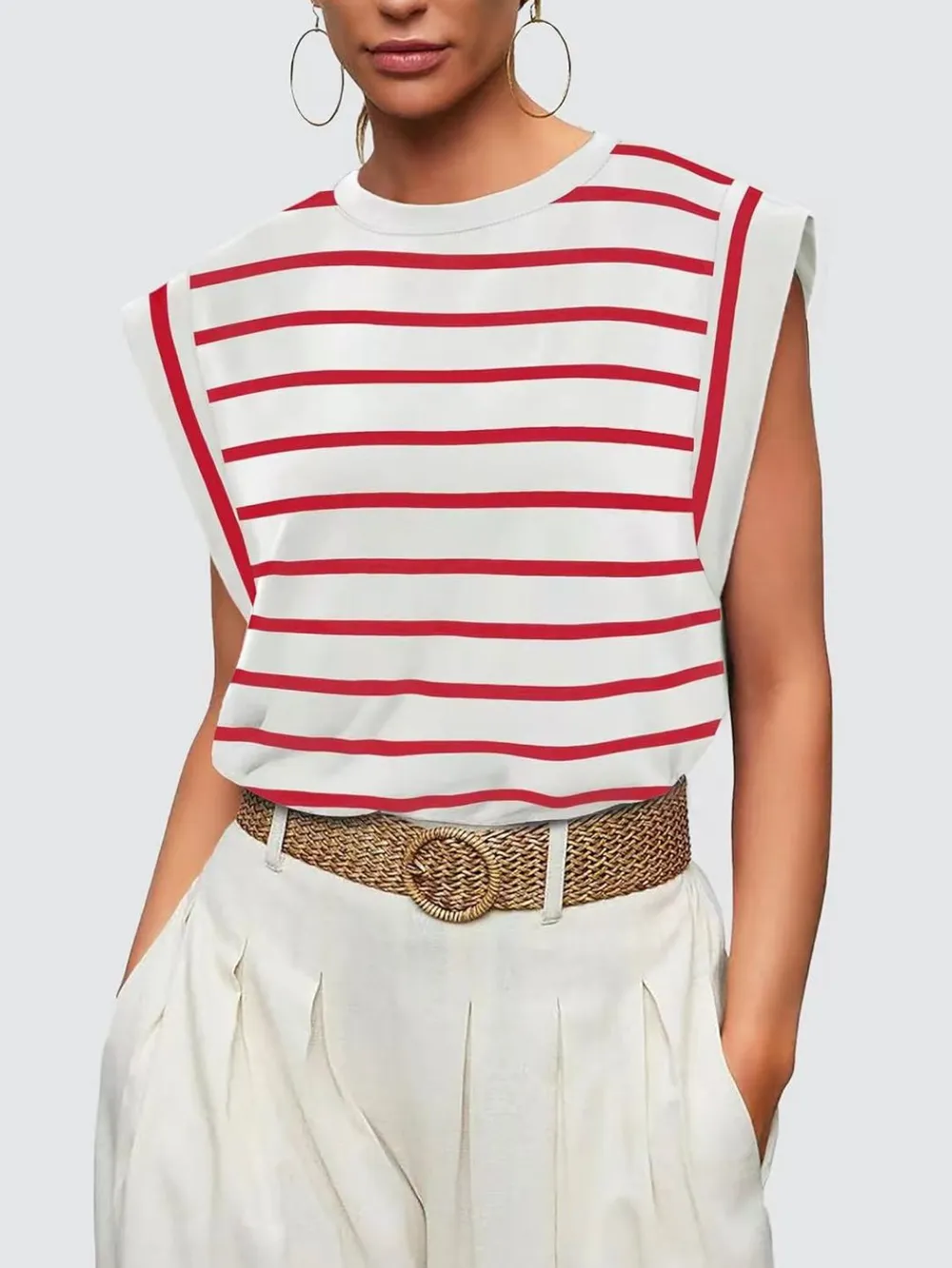 Striped Round Neck Cap Sleeve T-Shirt, image 12