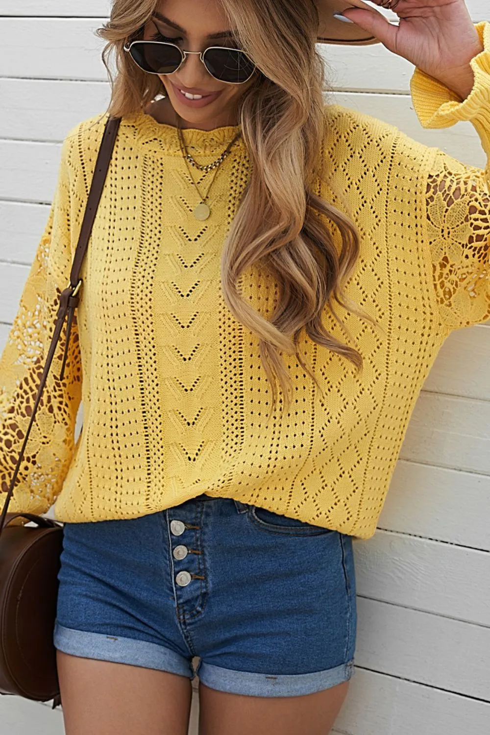 Openwork Round Neck Long Sleeve Sweater, image 13