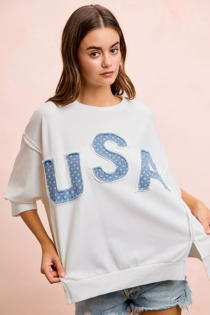 4th Of July Usa Letter Patchwork French Terry Top, image 5