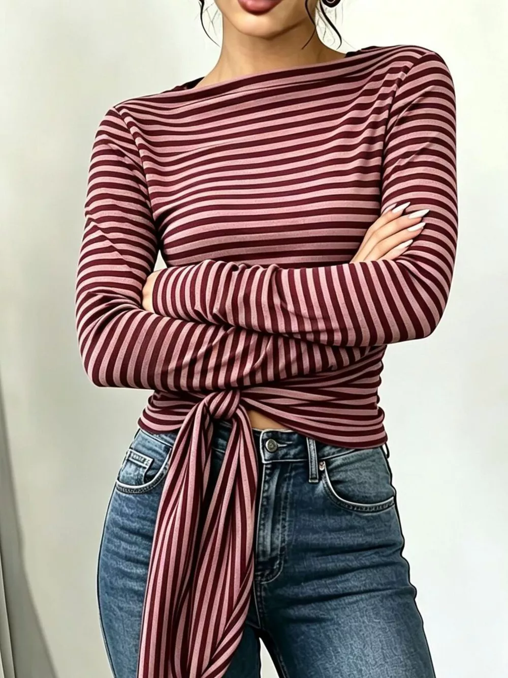 Long Sleeve Striped T-Shirt with Front Tie Detail, image 7