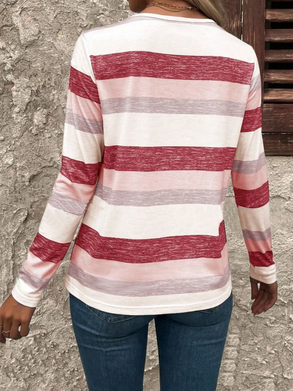 Contrast Striped V-Neck Long Sleeve T-Shirt, image 3
