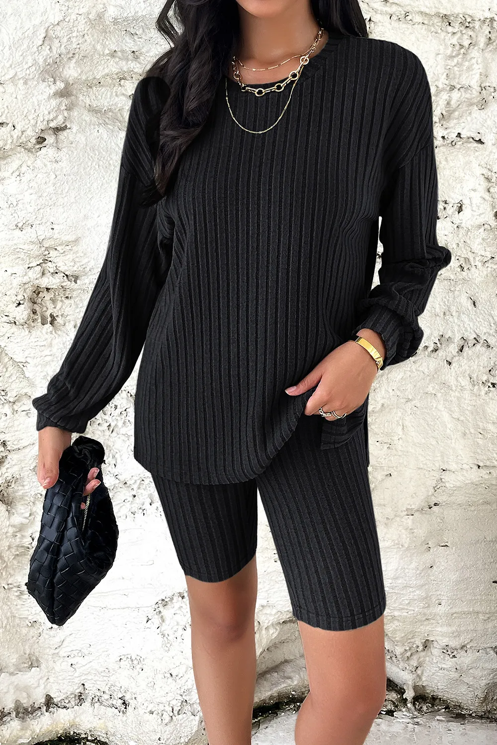 Ribbed Round Neck Dropped Shoulder Top and Shorts Set, image 4